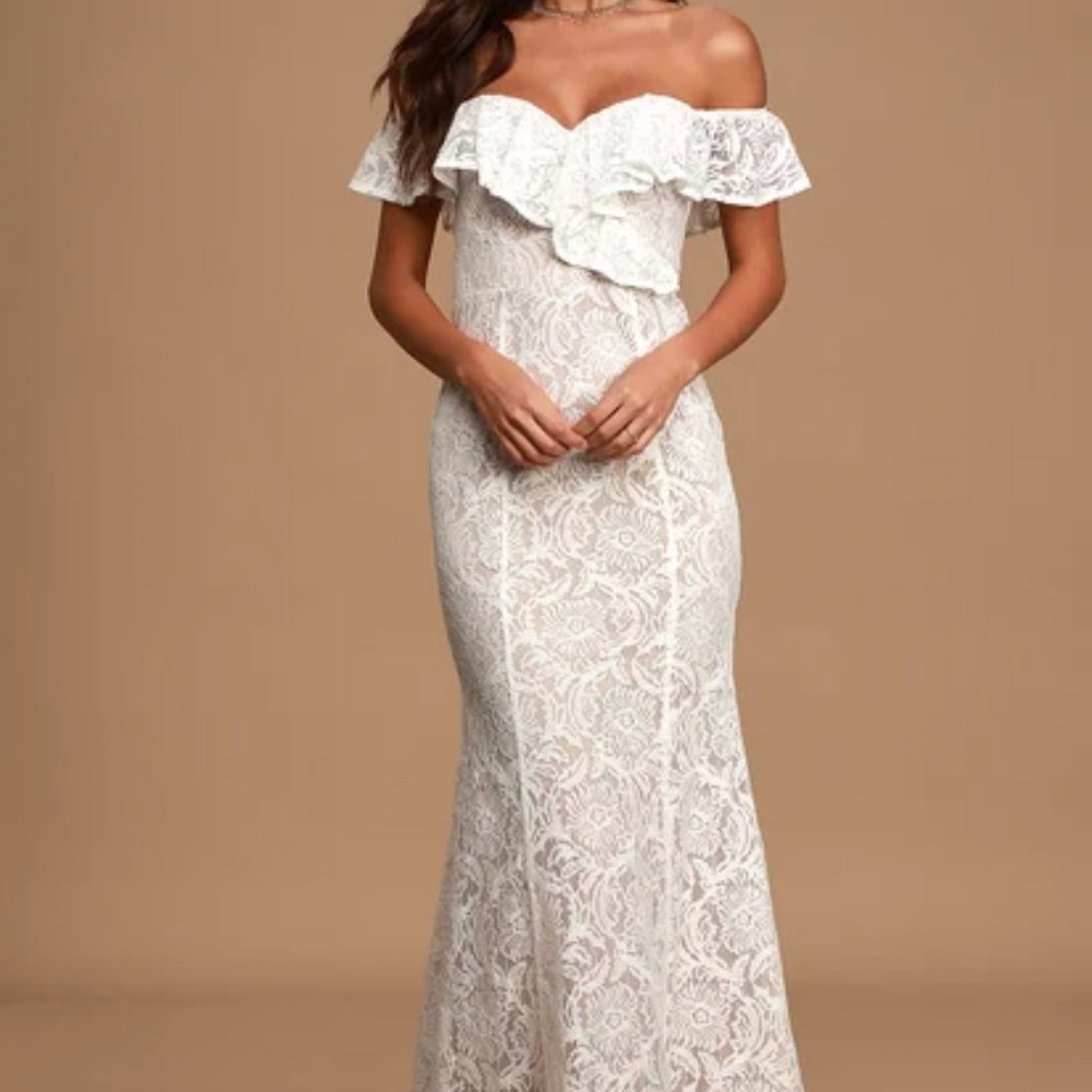 Lulus Ivory Lace Off-the-Shoulder Maxi Dress